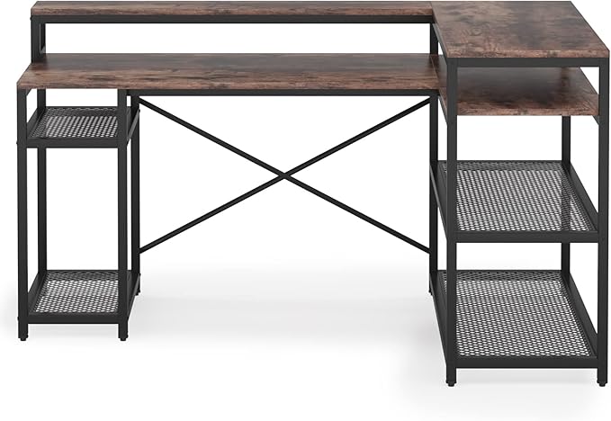 Tribesigns L Shaped Desk with Storage and Monitor Stand, Industrial Home Office Computer Desk with Storage Shelves, 59 Inch Corner Desk with Monitor Shelf(Brown) - LeafyLoom