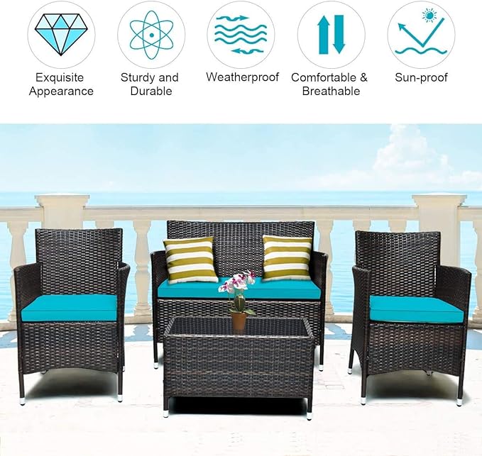 LUARANE 4-Piece Rattan Patio Furniture Set, Outdoor Wicker Sofa Couch Table Set, w/Thick Seat Cushions Tempered Glass Coffee Table, Conversation Set for Lawn Garden Poolside Backyard (Turquoise) - LeafyLoom