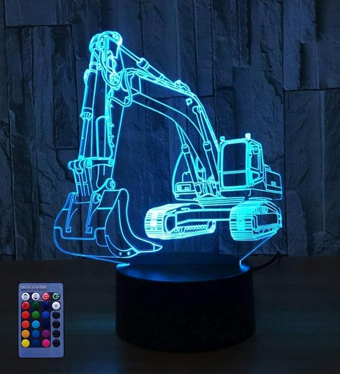 3D Excavator Night Light USB Powered Touch Switch Remote Control Decor Table Desk 3D Lamp 7/16 Color Changing Lights LED Table Lamp Xmas Home Love Brithday Children Kids Decor Toy Gift - LeafyLoom