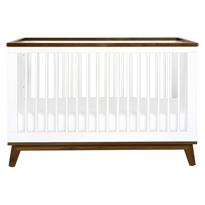 Babyletto Scoot 3-in-1 Convertible Crib with Toddler Bed Conversion Kit in White and Natural Walnut, Greenguard Gold Certified - LeafyLoom