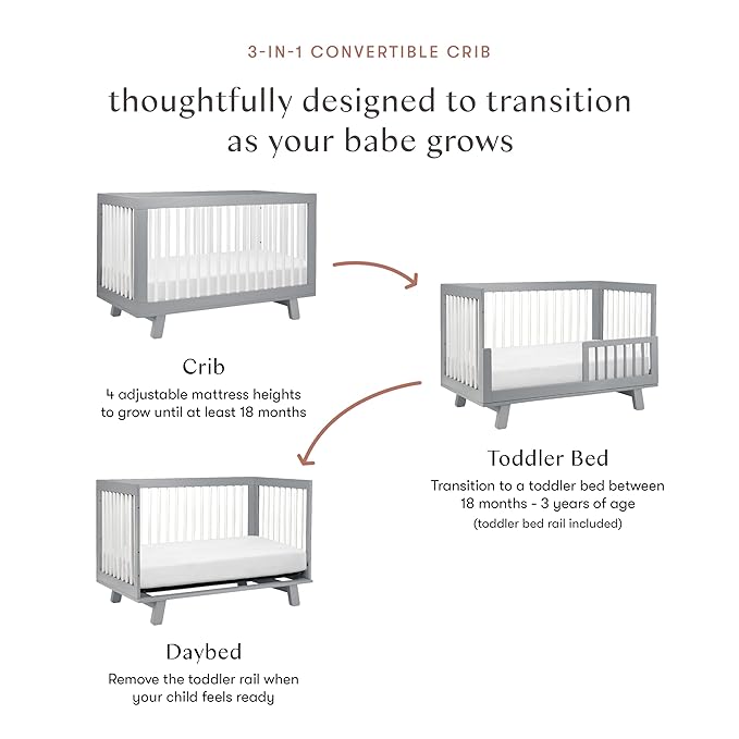 Babyletto Hudson 3-in-1 Convertible Crib with Toddler Bed Conversion Kit in Grey and White, Greenguard Gold Certified - LeafyLoom