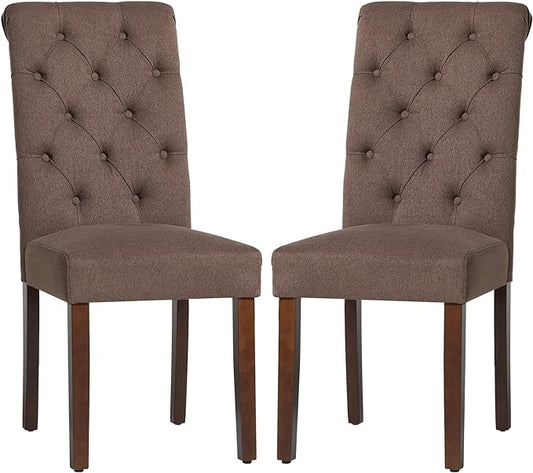 COLAMY Button Tufted Dining Chairs Set of 2, Parsons Upholstered Fabric Dining Room Chairs Kitchen Chairs with Wood Legs and Padded Seat, Brown - LeafyLoom