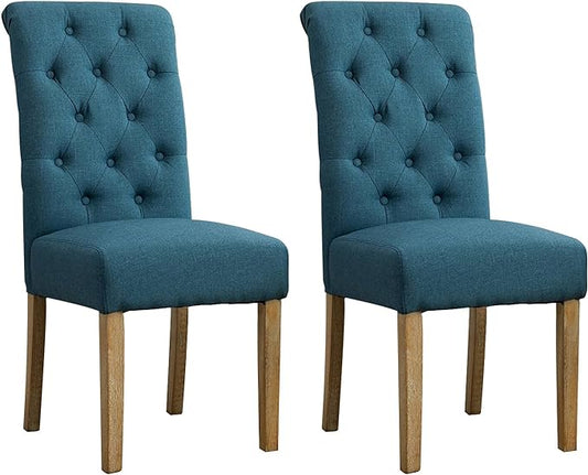 Roundhill Furniture Habit Solid Wood Tufted Parsons Dining Chair (Set of 2), Blue - LeafyLoom