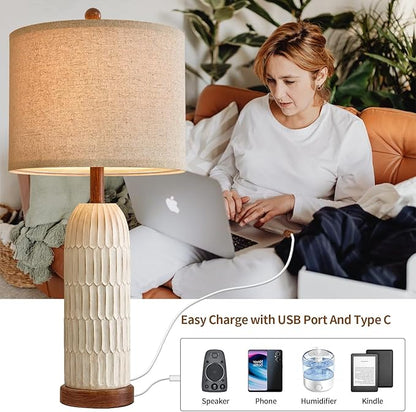 OYEARS 26.5" Table Lamp Set of 2 for Bedroom Living Room with USB A+C Charging Ports Modern Farmhouse Bedside End Lamps Rustic Nightstand Lamps,Brown - LeafyLoom