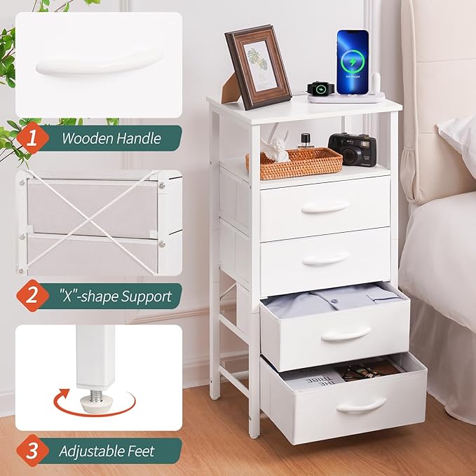 Yoobure Night Stand - LED White Nightstand with Charging Station, Bedside Table with 4 Storage Drawers and Storage Shelf, End Table with USB Ports and Outlets, Fabric Dresser for Bedroom - LeafyLoom