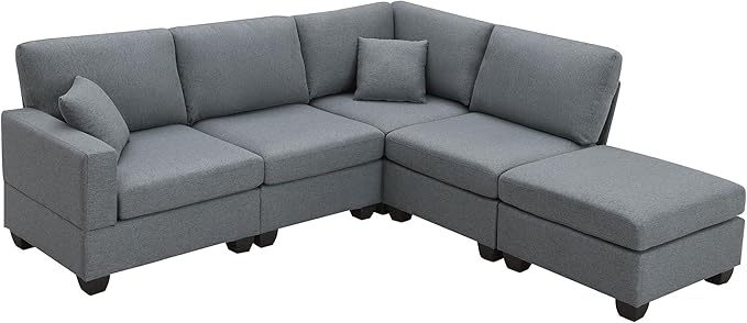 89.8" Modern Sectional Sofa with Convertible Ottoman and 2 Pillows,L-Shape Linen Fabric Corner Couch 5 Set W/Back & Cushion,can Hold up to 330 Lbs,for Apartment,Living Room,Dark Grey - LeafyLoom