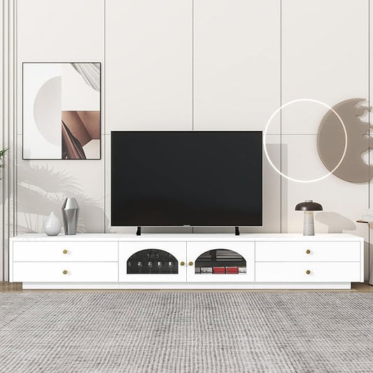 TV Stand with Drawers, 86 Inch Entertainment Center with Fluted Glass Doors for TVs Up to 90'', TV Console with Ample Storage Space for Living Room, White - LeafyLoom