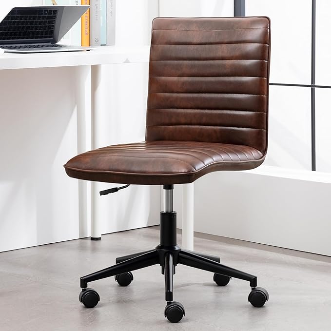 Furniliving Leather Home Office Chair, Armless Vanity Desk Task Chair with Wheels 360° Swivel Computer Rolling Desk Chair with Back, Adjustable Accent Chair with Base Stool - LeafyLoom