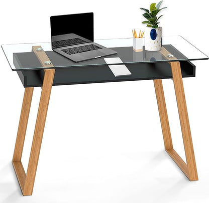 bonVIVO Massimo Small Desk - 43 Inch, Modern Computer Desk for Small Spaces, Living Room, Office and Bedroom - Study Table w/Glass Top and Shelf Space - Black - LeafyLoom