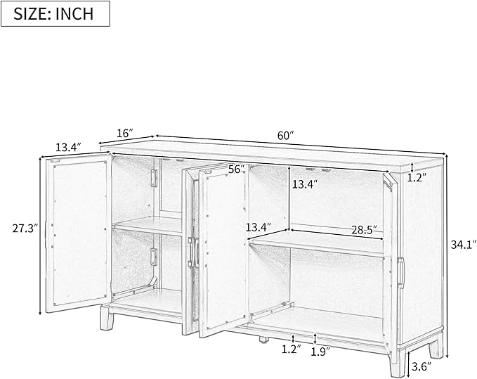 60" Retro Mirrored Buffet Sideboard with Metal Pulls,Accent Farmhouse-Style Wooden Storage Cabinet,W/ 4-Door,for Hallway,Entryway,Bedroom and Living Room,Navy - LeafyLoom