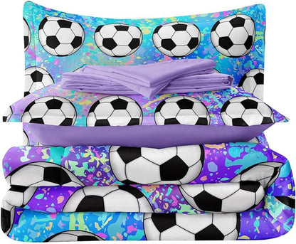 4 Piece Girls Soccer Bedding Set Twin Size Colorful Soccer Comforter Set for Teen Girls Kids Twin Bed in a Bag Set with Sheets Twin Bed Sets for Teenage - LeafyLoom