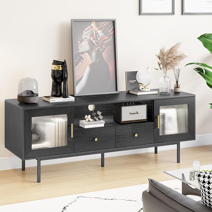 TV Stand for 65 Inch TV, Modern Entertainment Center with 2 Cabinets and 2 Drawers, Mid Century TV Stand for 55/60/65 inch TV, Media Console for Bedroom, Living Room and Office, Black - LeafyLoom