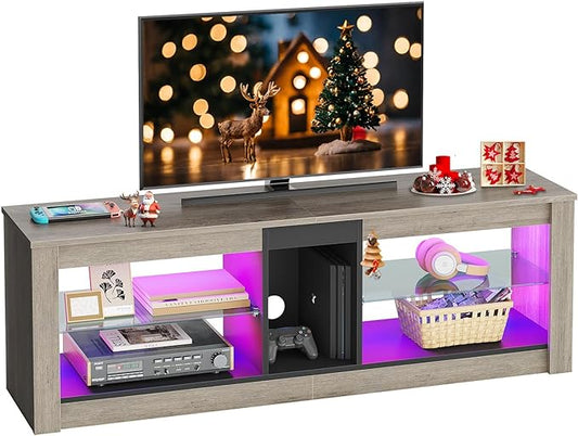 Bestier Entertainment Center LED Gaming TV Stand for 55+ Inch TV Adjustable Glass Shelves 22 Dynamic RGB Modes TV Cabinet Game Console PS4, Wash Gray - LeafyLoom