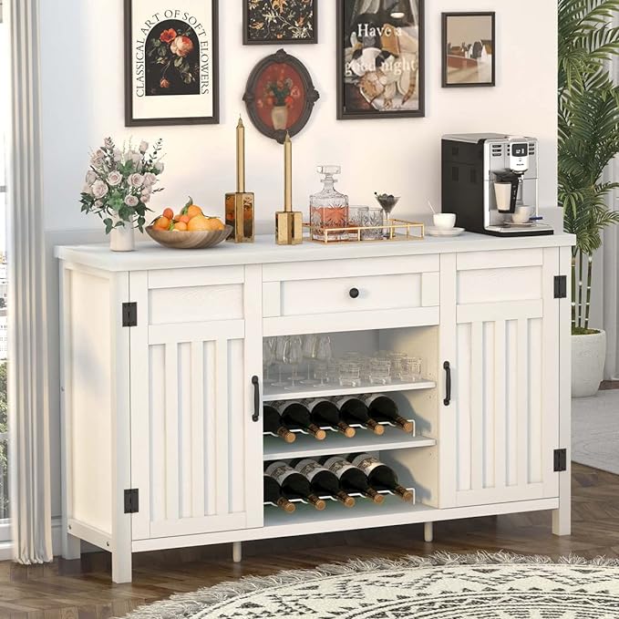 FATORRI Buffet Cabinet with Storage, Wood Sideboard Buffet Cabinet with Wine Rack, Modern Credenza Coffee Bar Cabinet for Kitchen Living Room (55.12 Inch, White Oak) - LeafyLoom