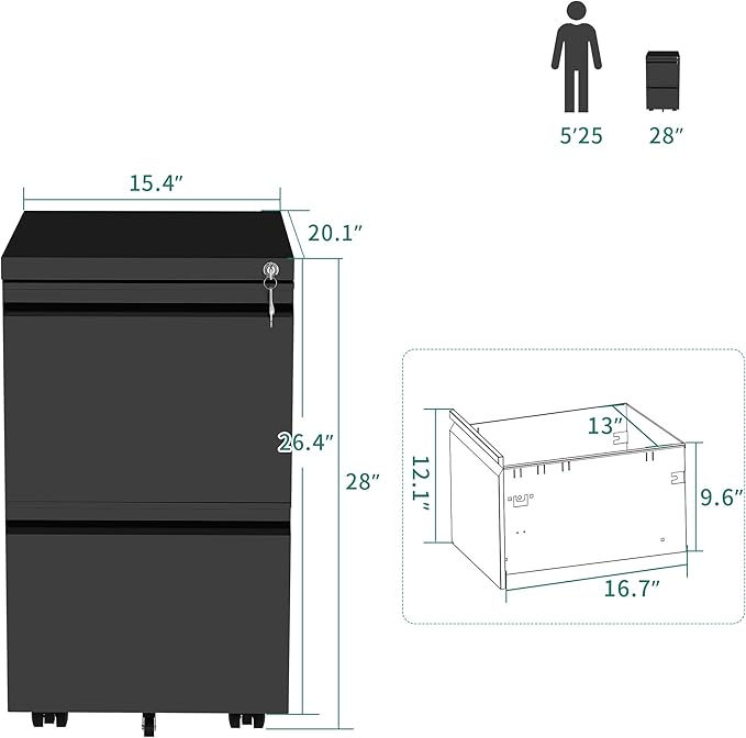 YITAHOME 2-Drawer Vertical File Cabinet with Lock, 20” Deep Mobile Metal Filing Cabinet for Legal/Letter Size, 20” Height Pre-Built Office Storage File Cabinet Except Wheels Under Desk - Black - LeafyLoom