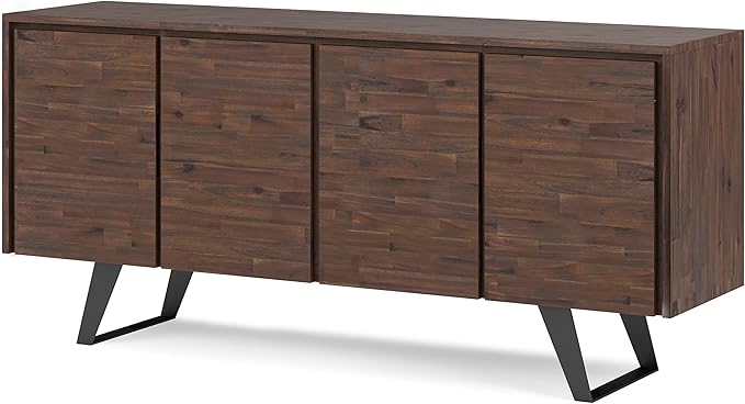 SIMPLIHOME Lowry SOLID ACACIA WOOD 66 Inch Wide Modern Industrial Large 4 Door Sideboard Buffet in Distressed Charcoal Brown, For the Dining Room and Kitchen - LeafyLoom