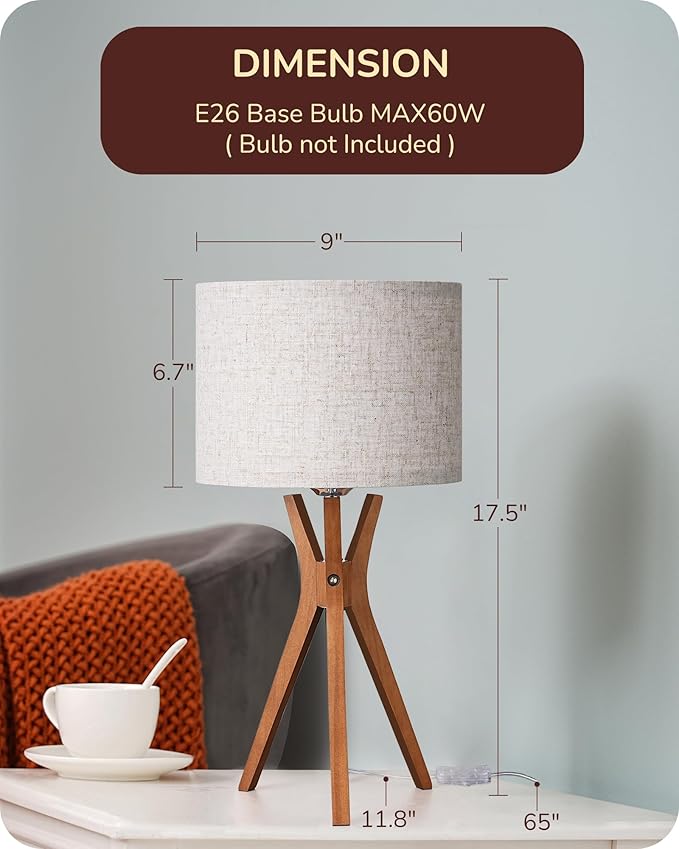 EDISHINE Mid Century Table Lamp, 17.5" Tripod Bedside Lamp with Deep Wood Color Light Base & Beige Linen Lampshade, Nightstand Lamp for Bedroom, Living Room, Reading Room, E26 Base - LeafyLoom