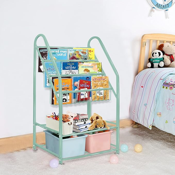 aboxoo Metal Kids Bookshelf Green Bookcase Freestanding for Children Room 24 in Toy Organizer Green Stable Bookcase Bookstore Library Book Unit Storage - LeafyLoom