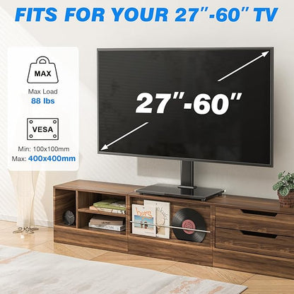 Universal TV Stand Mount for 27-60 inch TVs, Height Adjustable Table Top TV Stand Holds up to 88lbs, TV Mount Stand with Tempered Glass Base, Replacement TV Base Stands Max VESE 400x400mm - LeafyLoom