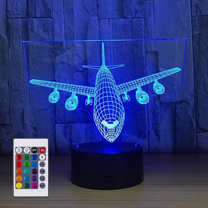 Airplane Night Light 3D Illusion Lamp 16 Color Changing USB Charging/Battery Powered Touch Control with Remote LED Table Desk Decor Lamps Christmas Birthday Gift for Kid Boy Pilot Plane Lover - LeafyLoom