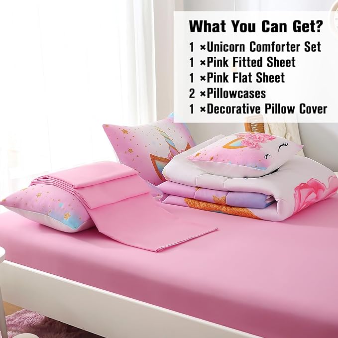 JQinHome Unicorn Twin Bedding Sets for Girls Kids,6 Piece Bed in A Bag 3D Colorful Flower Girl Unicorn Comforter Set with Sheet Set - LeafyLoom