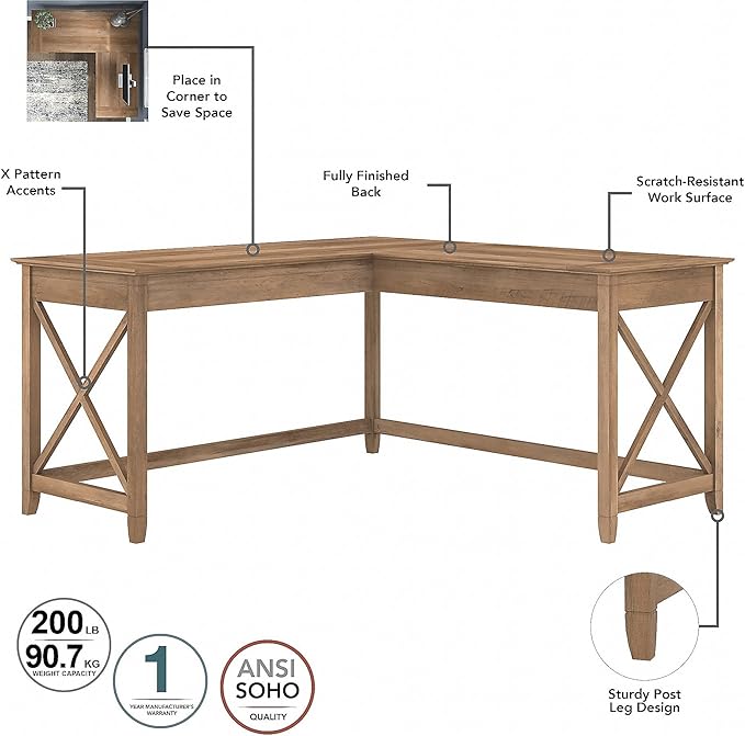 Bush Furniture Key West 60W L Shaped Desk with 2 Drawer Mobile File Cabinet in Reclaimed Pine - LeafyLoom