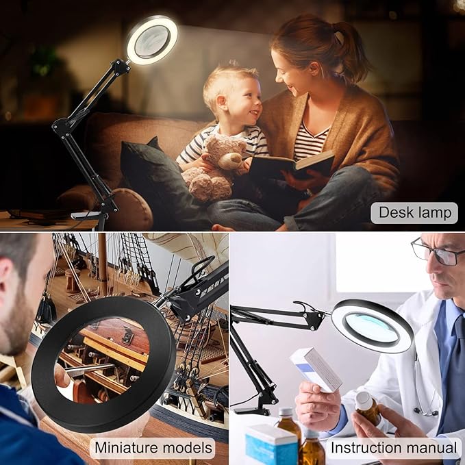 10X Magnifying Glass with Light, Krstlv Real Glass Lens Desk Lamp & Clamp, 3 Color Modes Stepless Dimmable, Hands Free LED Lighted Magnifier with Light and Stand for Reading Crafts Repair Close Works - LeafyLoom