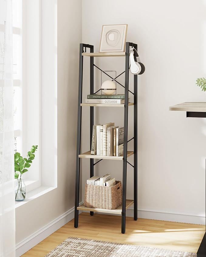 Ladder Shelf, Bookshelf Bookcase, Freestanding Corner Storage Shelve with 2 Hooks for Home Office, Living Room, Kitchen, Bedroom, Industrial, 4-Tier Greige BC13205B - LeafyLoom