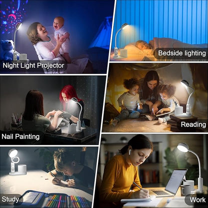 Cute Kids Desk Lamp 2000mAh Rechargeable Kawaii Desk Lamp with Star Projection & Pen Holder, Aesthetic Kids Bedside Lamp with Flexible Gooseneck/ 3 Level Brightness/Eye-Caring for Reading, Study - LeafyLoom