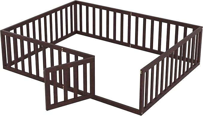 Multifunctional Queen Size Floor Bed with Safety Guardrails and Door, Montessori Sturdy Solid Wood Beds Frame, Easy Assembly and No Spring Need, for Boys and Girls Room, Walnut - LeafyLoom