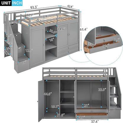 Twin Size Wood Loft Bed, Wooden Loft Bed Frame with 3 Shelves, 2 Wardrobes, 2 Drawers and Storage Staircases for Kids, Teens, Adults, No Box Spring Needed, Gray - LeafyLoom