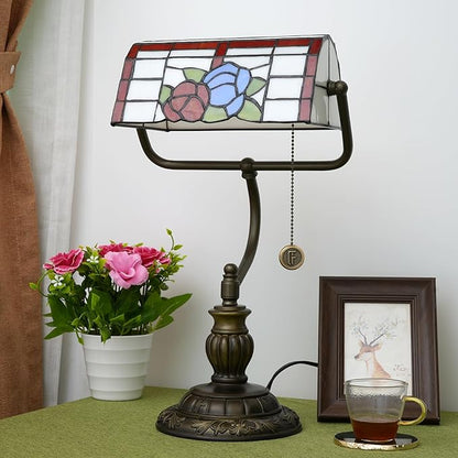 Bankers Lamp,Stained Glass Lamp,Dimmable Vintage Desk Lamp for Home Office Workplace Nightstand Bedroom Library Piano LED Bulb Included (roses) - LeafyLoom