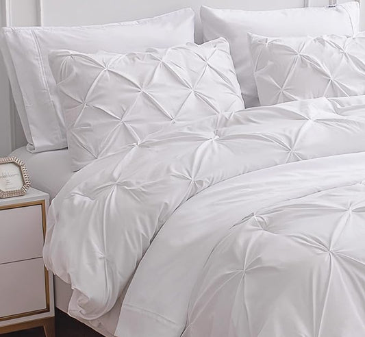 LANE LINEN White Comforter Set with Sheets, 7 Piece Bed in a Bag Queen Size, Pintuck Queen Bed Set, Ultra Soft Bedding Queen Size with Down Alternative Comforter, Sheets, Pillowcases & Shams - White - LeafyLoom