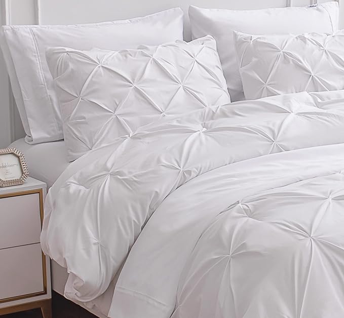 LANE LINEN Twin Comforter Set, 5 Piece Twin Bedding Sets, Ultra Soft Pintuck Twin Bed in a Bag Set with Down Alternative Comforter, Sheets, Pillowcase & Sham, Pinch Pleated Kids Bedding Set - White - LeafyLoom