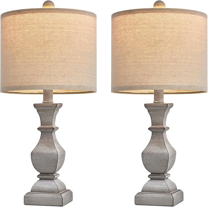 PoKat 20.5'' Table Lamps Set of 2, Vintage Bedside Lamps for Bedroom, Farmhouse Lamp for Living Room, Small Lamp for Nightstand, Retro Side Table Lamp, Grey - LeafyLoom