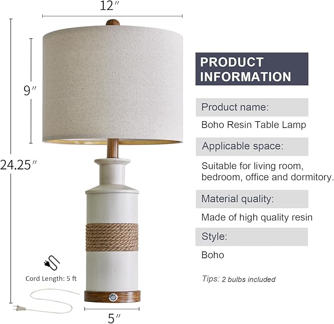 BOBOMOMO 24.5" USB A+C 3-Way Dimmable Touch Control Boho Table Lamp Set of 2 for Living Room Nightstand Beside Lamps for Bedroom(include two bulbs) - LeafyLoom