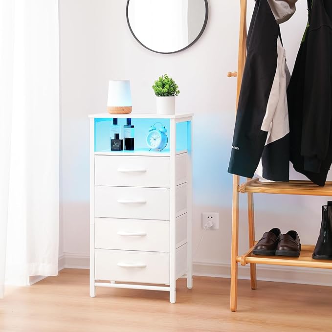 Yoobure Night Stand - LED White Nightstand with Charging Station, Bedside Table with 4 Storage Drawers and Storage Shelf, End Table with USB Ports and Outlets, Fabric Dresser for Bedroom - LeafyLoom