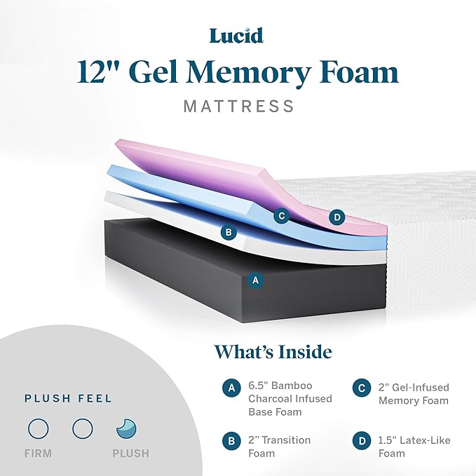 LUCID 12 Inch Memory Foam Mattress - Plush Feel - Memory Foam Infused with Bamboo Charcoal - Gel Infusions - CertiPUR-US Certified - Breathable - Twin XL - LeafyLoom