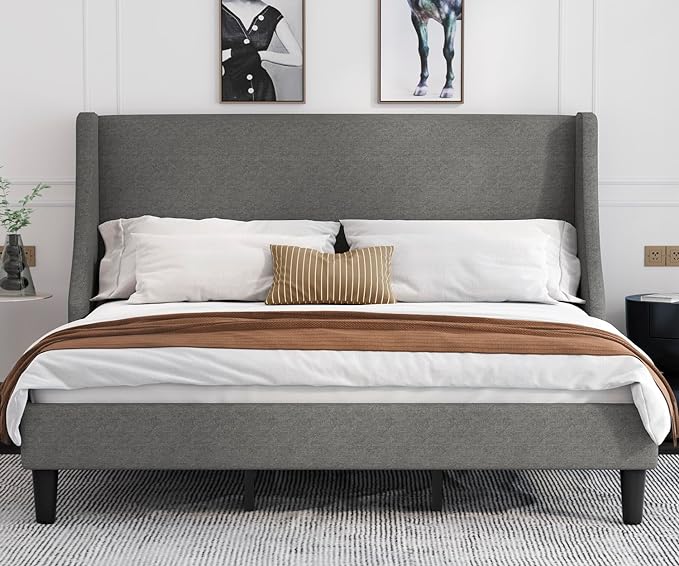 Allewie King Size Bed Frame, Platform Bed Frame with Upholstered Headboard, Modern Deluxe Wingback, Wood Slat Support, Mattress Foundation, Light Grey - LeafyLoom