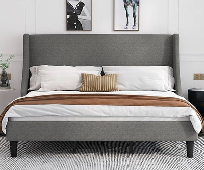 Allewie King Size Bed Frame, Platform Bed Frame with Upholstered Headboard, Modern Deluxe Wingback, Wood Slat Support, Mattress Foundation, Light Grey - LeafyLoom