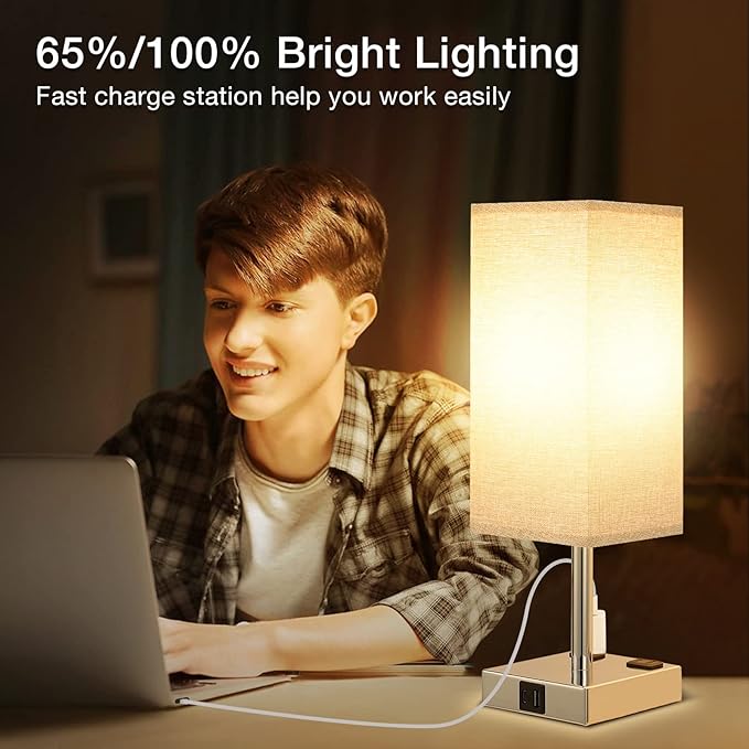 aooshine Gray Set of 2 Touch Lamp with USB Port-Nightstand Lamp with USB-C+A Charge Ports& AC Outlets, 3-Way Dimmable Bedside Lamp with Shade,Small Table Lamp for Bedroom Living Room(Bulb Included) - LeafyLoom