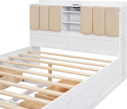 Wood Full Size Platform Bed with Storage Headboard and 4 Drawers, White - LeafyLoom