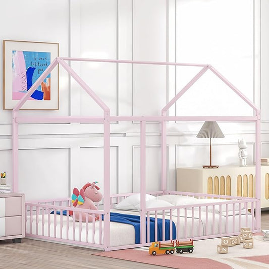 RITSU Full Size Montessori Floor Bed, Metal House Bedframe with Fence, Robust Construction is Used, for Children'S Rooms, Boys Girls, No Box Spring Needed, Easy Assembly, Pink - LeafyLoom