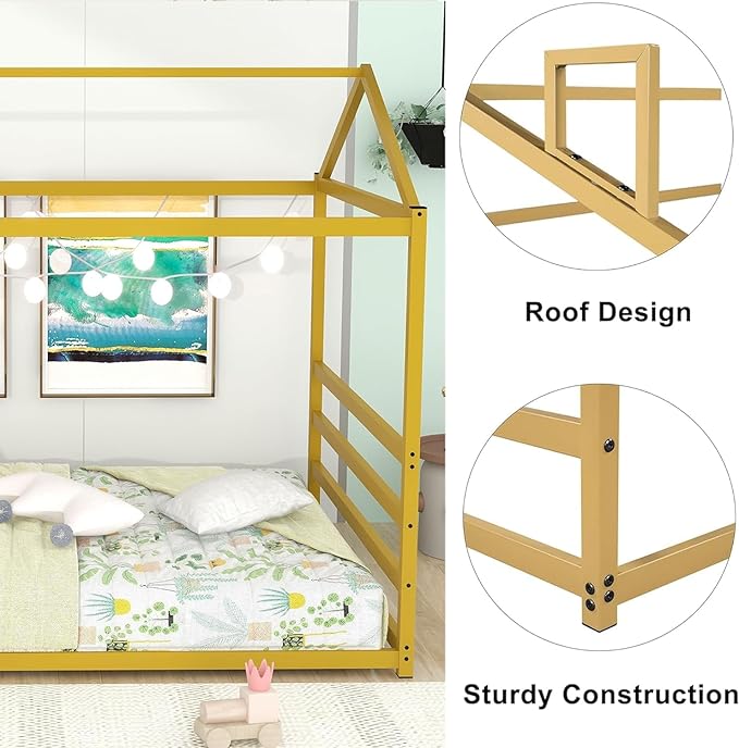 Queen Size Metal Floor Bed for Kids,Montessori Floor Bed with Roof,House Bed Frame for Boys Girls,Metal House Shape Platform Bed,Gold - LeafyLoom