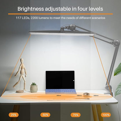 Task Lamp with Clamp, Bright 117PCS LEDs, Metal Swing Arm 24W 2200 Lumen Dimmable Led Desk Lamp for Architect Home Office Study Reading Dorm Workbench Craft, 23 Inch Lamp Head Work Lamp - LeafyLoom