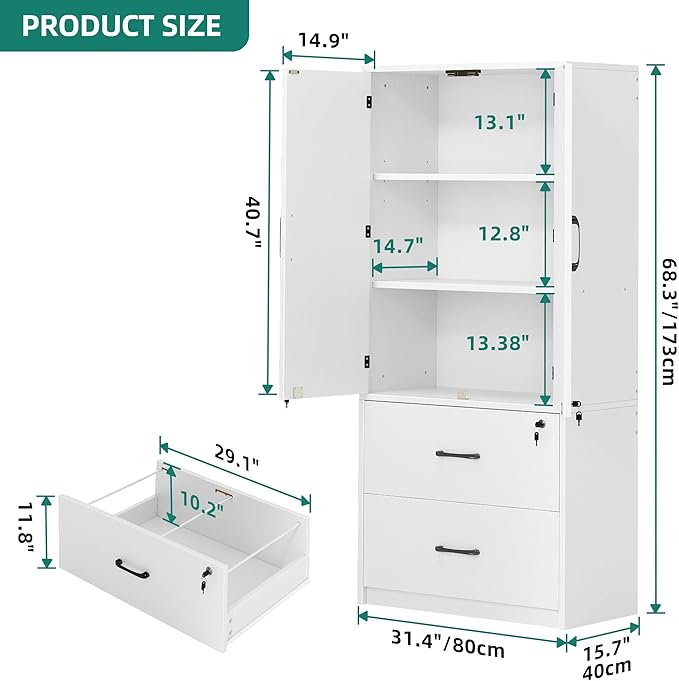 YITAHOME Wood File Cabinets, Heavy Duty Garage Tool Cabinets with Doors & Adjustable Shelves, Big Storage Filing Lockers for Home Office, Living Room, Pantry, Gym, Basement, Warehouse, White - LeafyLoom