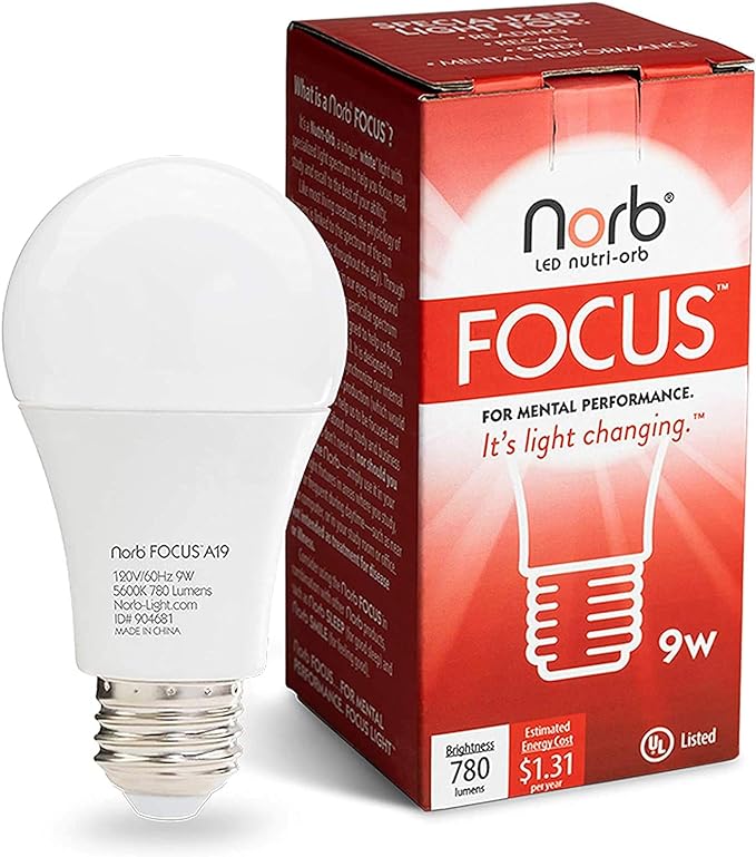 NorbFOCUS Desk Lamp LED Wellness Light Bulb A19 1-Pack. Unique Spectrum for Mental Performance to Read, Study, Work, Focus. Patent Pending. - LeafyLoom