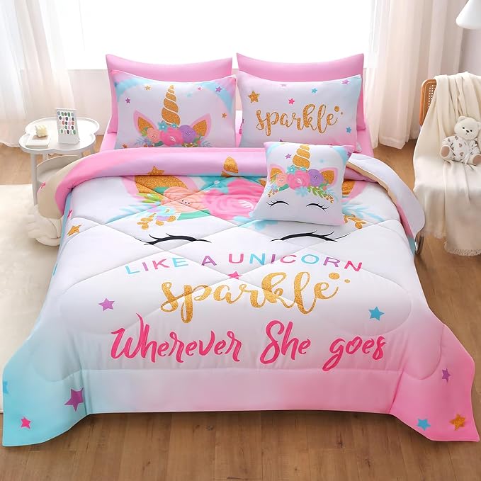 JQinHome Unicorn Twin Bedding Sets for Girls Kids,6 Piece Bed in A Bag 3D Colorful Flower Girl Unicorn Comforter Set with Sheet Set(Sparkle) - LeafyLoom