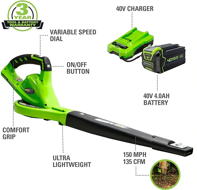 Greenworks 40V (150 MPH / 130 CFM) Cordless Leaf Blower, 4.0Ah Battery and Charger Included - LeafyLoom