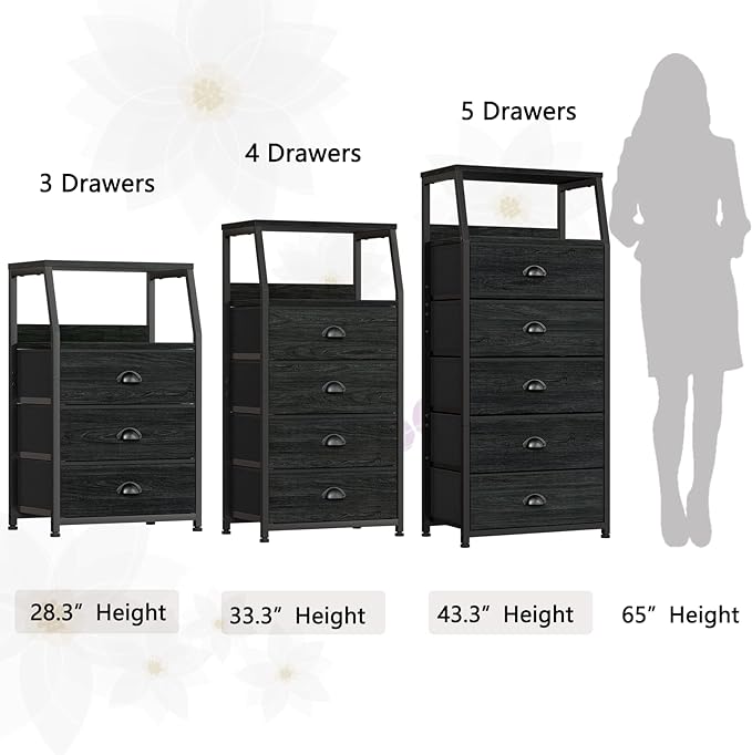 Furnulem Black Dresser for Bedroom, Small Nightstand with 3 Fabric Storage Drawers and 2-Tier Shelf, End Table Side Furniture for Closet, Hallway, Nursery, Sturdy Steel Frame, Wood Top (Black Oak) - LeafyLoom